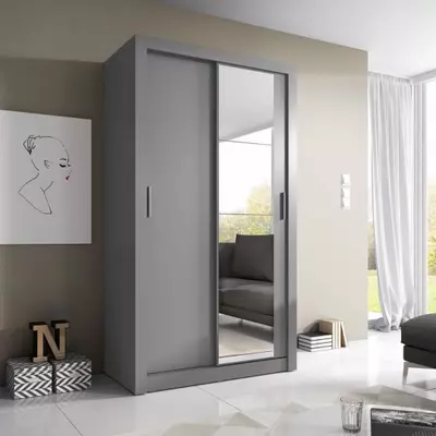 Grey Matt - 120cm Sliding Door Wardrobe - 1 Mirrored Door